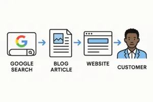 SEO traffic flow showing how to advertise your business online for free in Botswana using search, content, and website