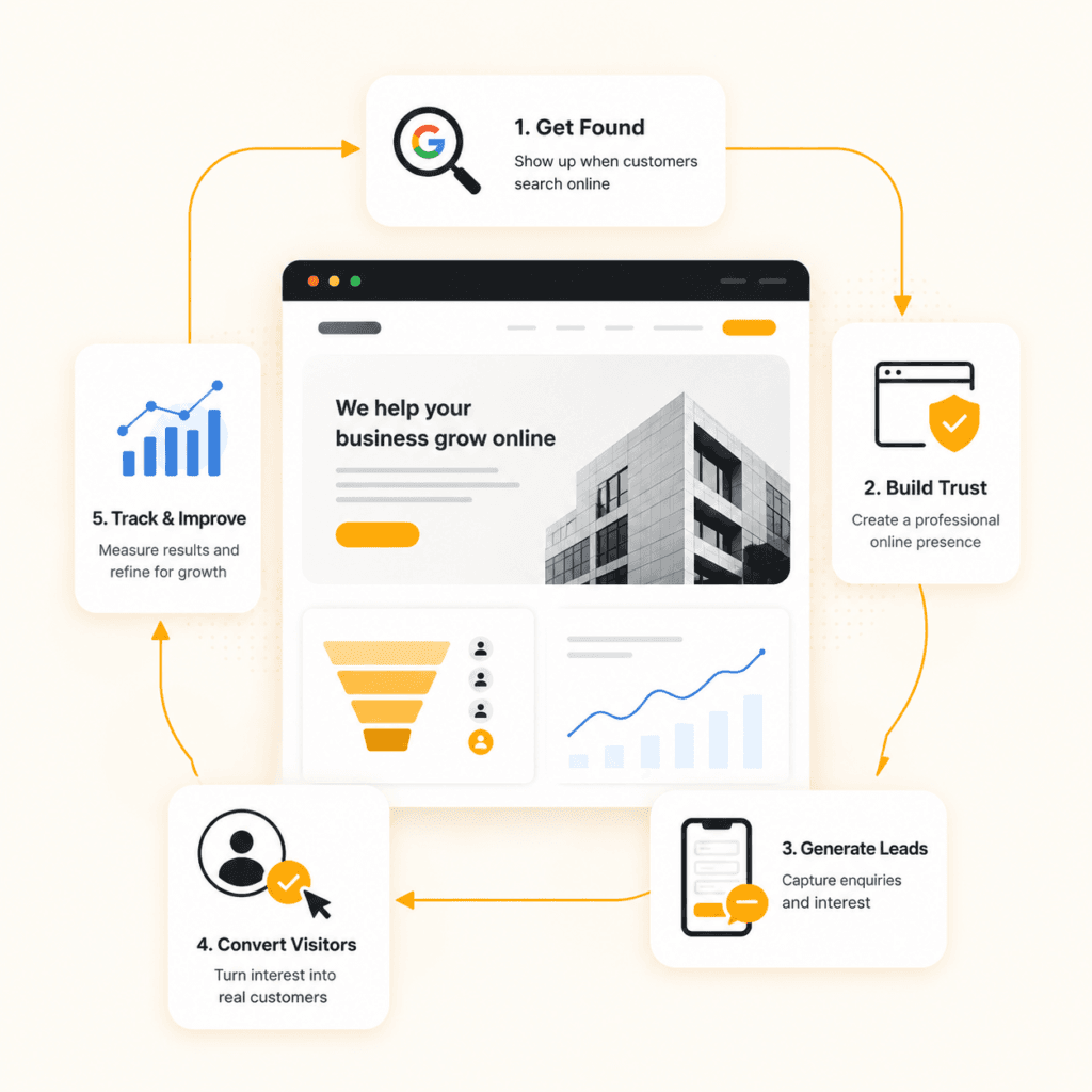 Digital marketing customer journey showing search visibility, professional website, lead generation, conversion and performance tracking