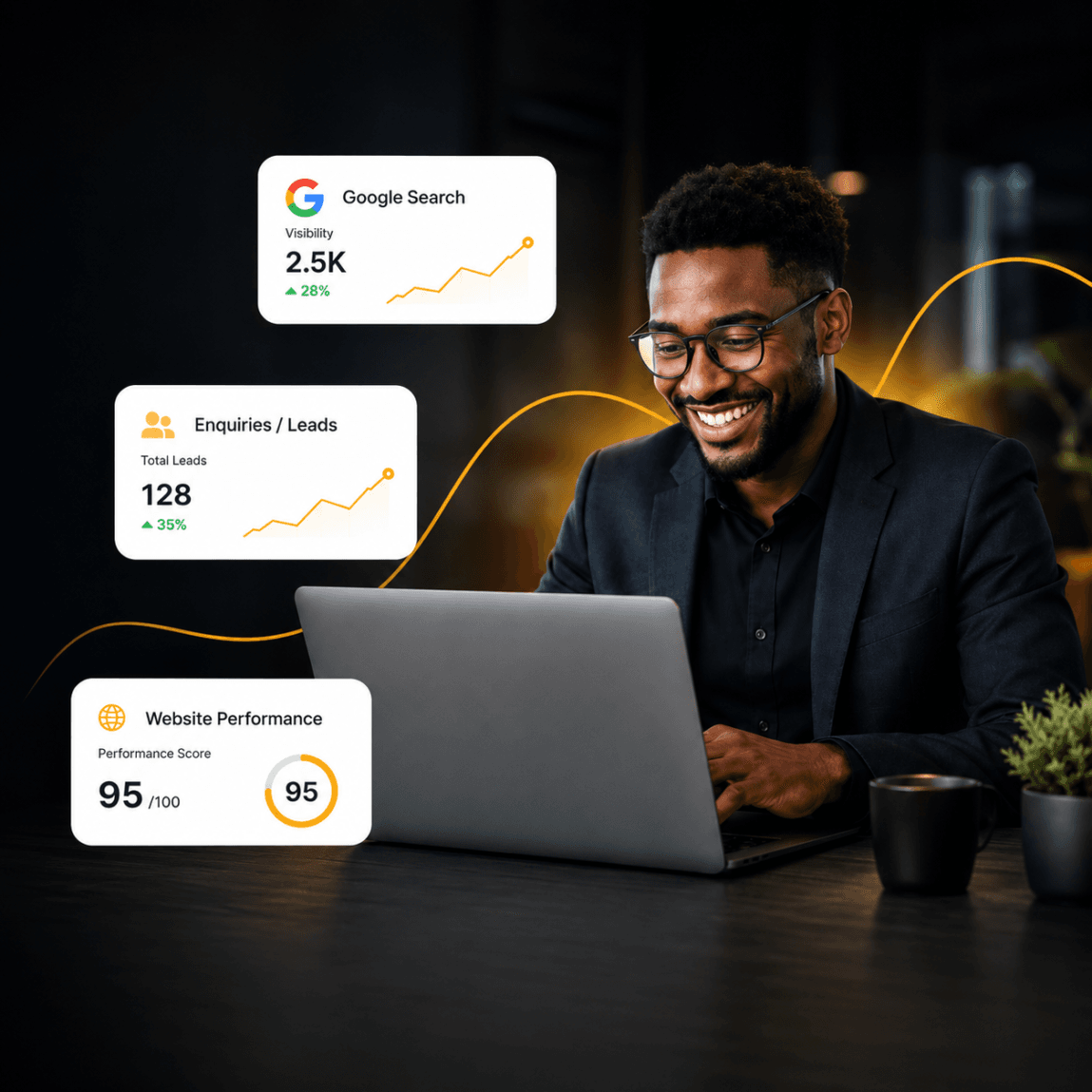 Botswana business professional using a laptop with Google Search, lead generation and website performance graphics
