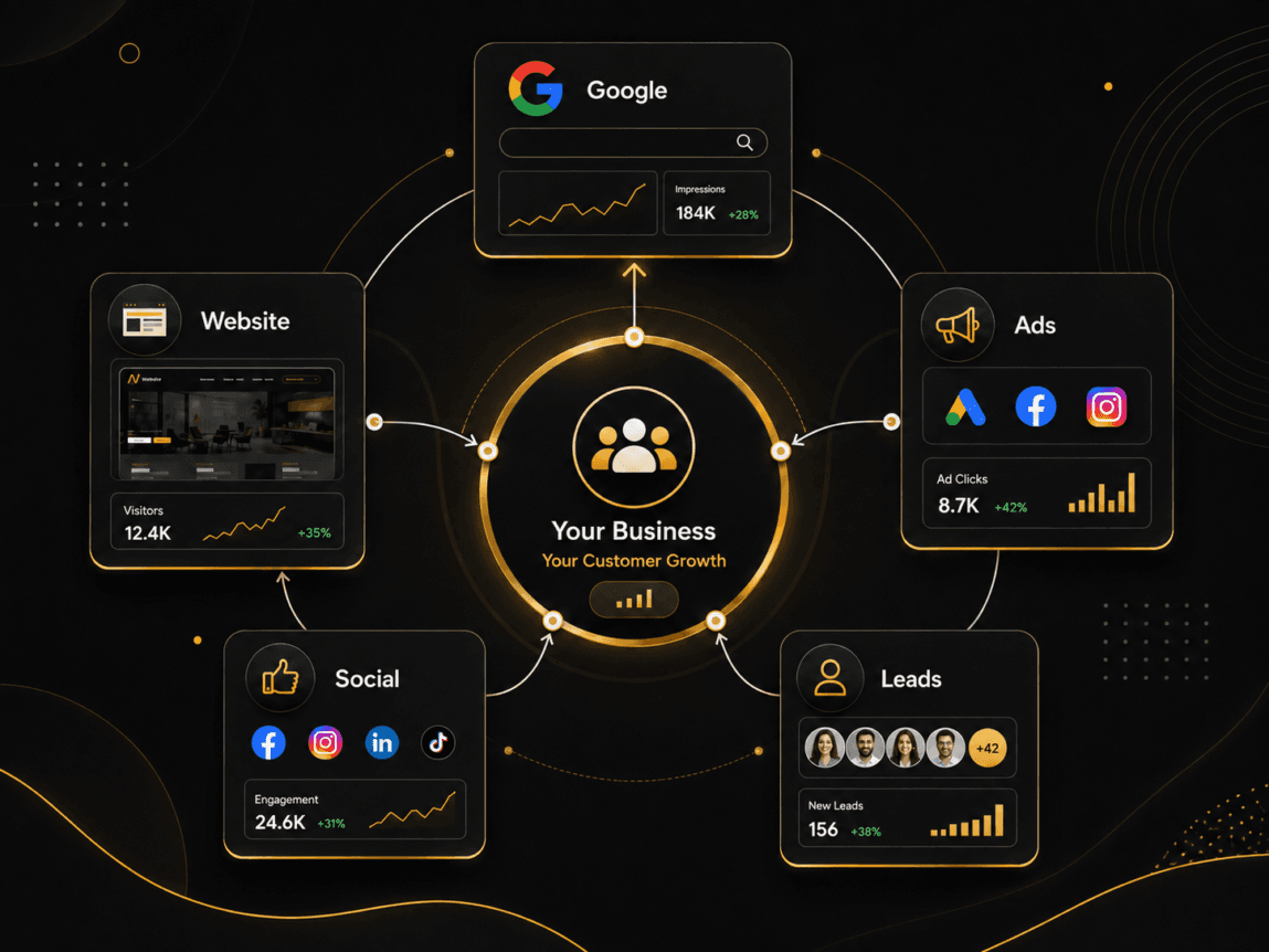 Digital services ecosystem for Botswana businesses showing website, Google search, paid ads, social media and lead generation