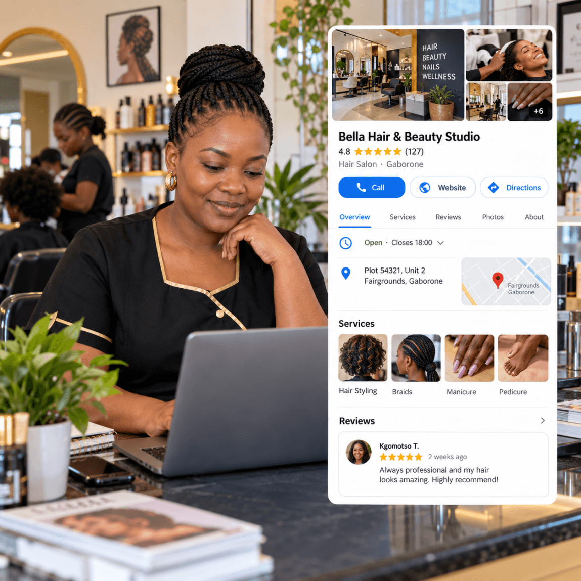 Botswana business owner reviewing an optimized Google Business Profile with services, reviews and local search details
