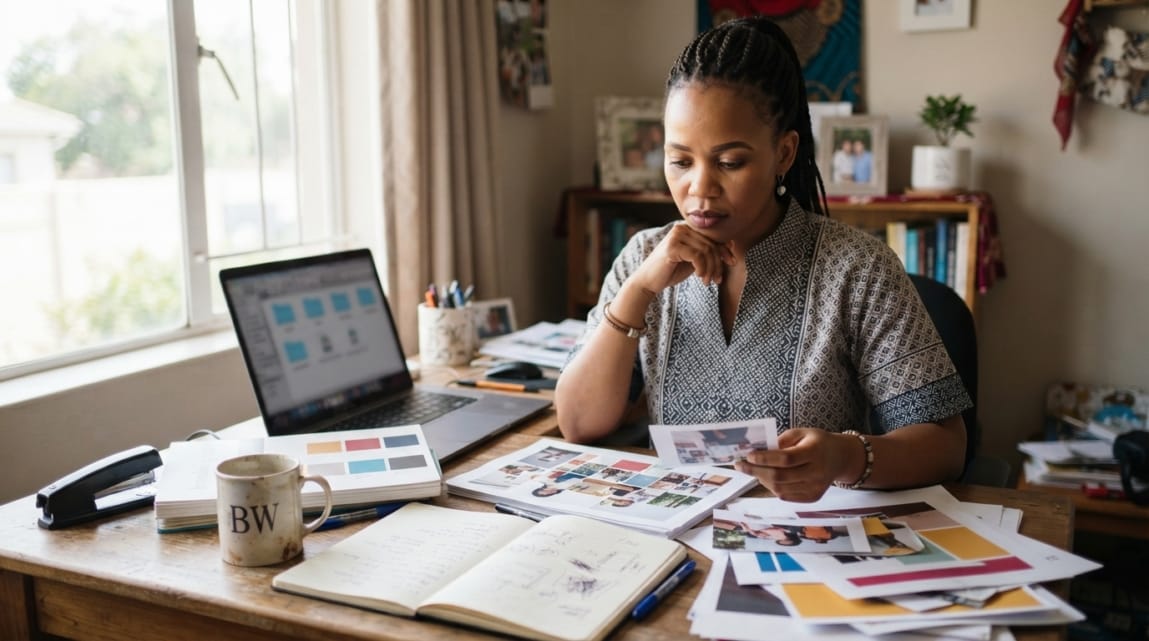A Botswana business owner preparing website content and assets, reflecting responsibility in project planning.