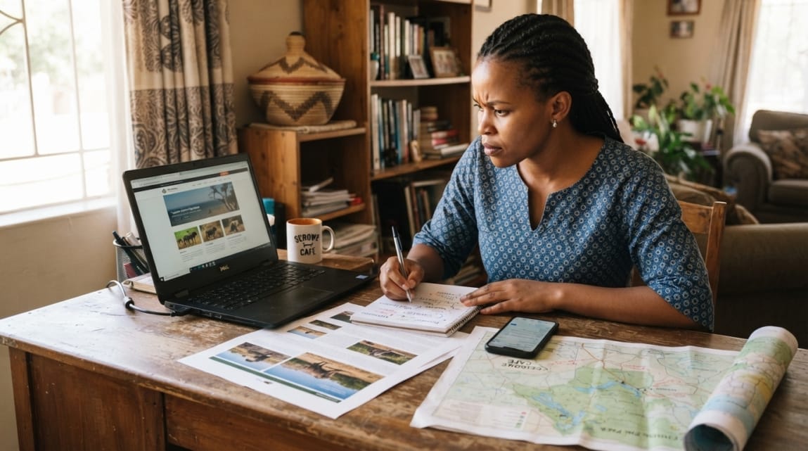 Botswana business owner evaluating website strategies with a laptop and notes.