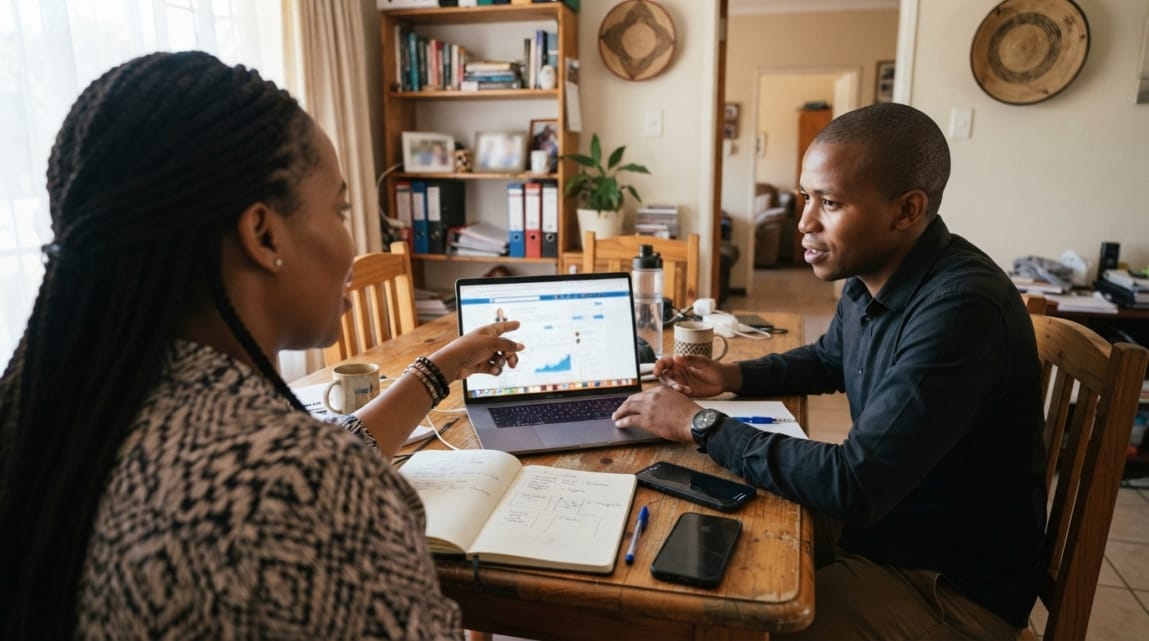 Two business partners in Botswana planning online integration for better conversion results.