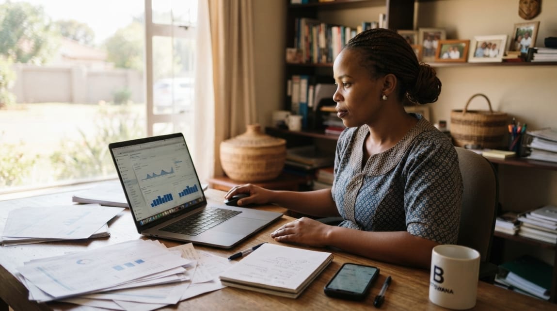 Botswana business owner reviewing SEO analytics on a laptop in a private office, considering search visibility strategies.