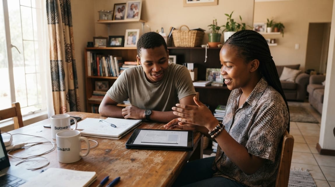 Two colleagues in Botswana discussing website content layout on a tablet in a small office setting.