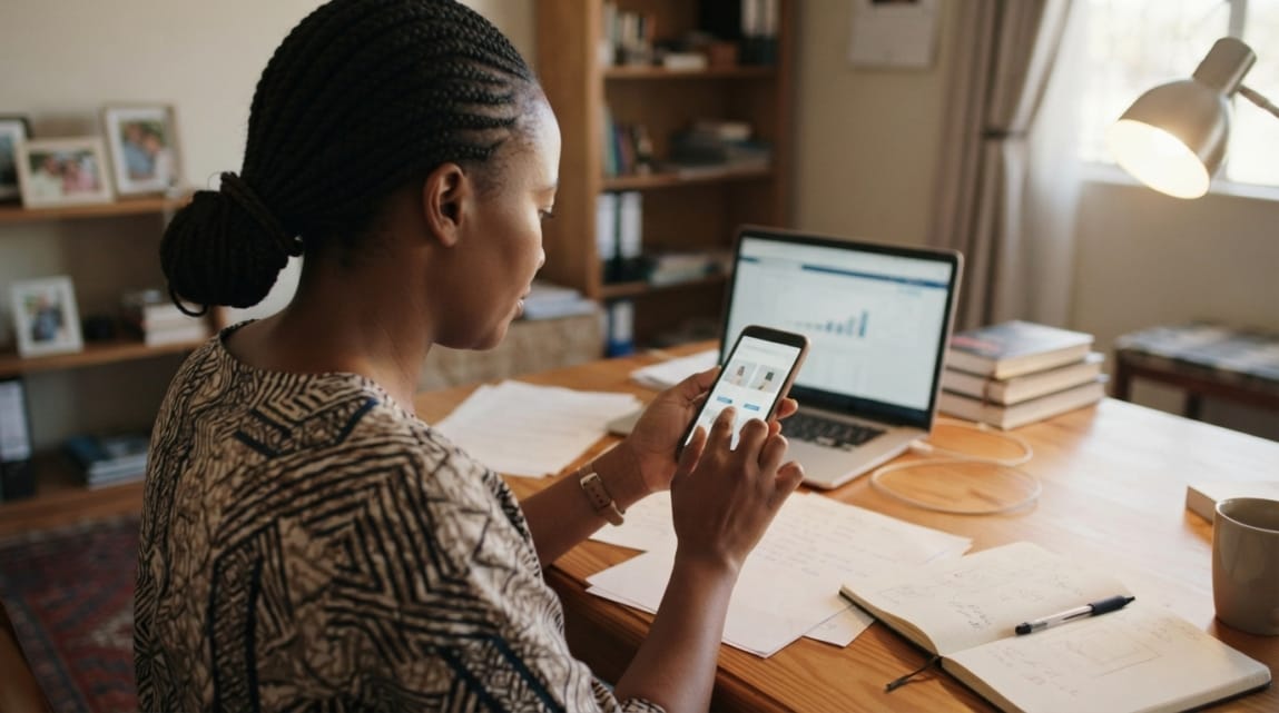 Botswana business owner conducting a usability test on a smartphone, focusing on mobile navigation in an office setting.