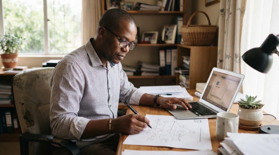 A Botswana business owner using a laptop to evaluate a workflow for diagnosing Google Maps visibility issues.