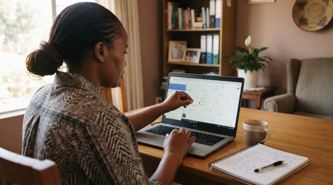 A businesswoman in Botswana adjusting a map pin on Google Maps to ensure correct business location.