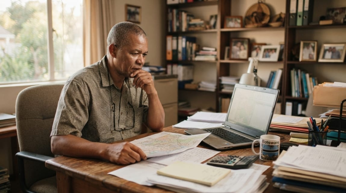 Botswana business owner at desk comparing Google Business Profile options with documents and maps.