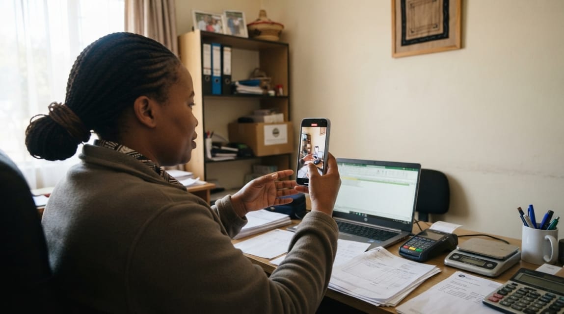Business owner in Botswana using a smartphone to record video verification for Google Business Profile.