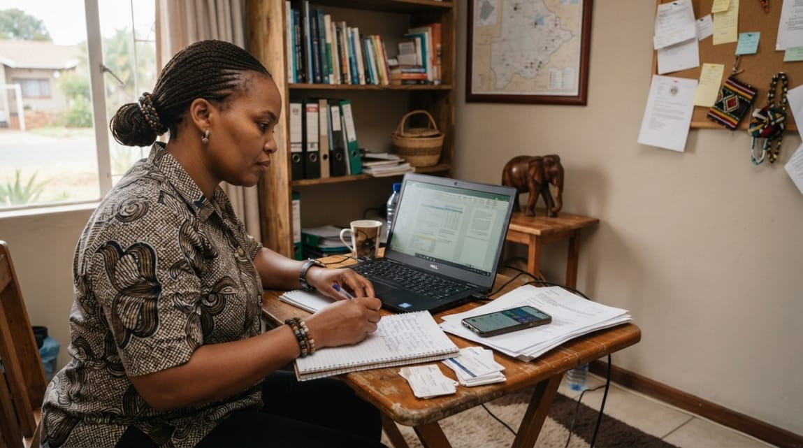 Botswana business owner organizing contact details and location information in a home office.