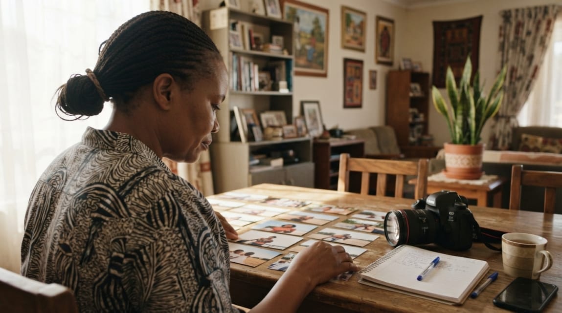 Botswana business owner choosing genuine photos for Google Business Profile in a light-filled office.