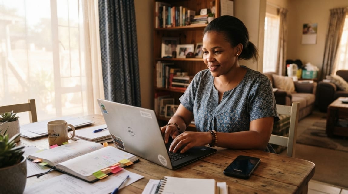 Botswana business owner updating their Google Business Profile on a laptop in a private office.