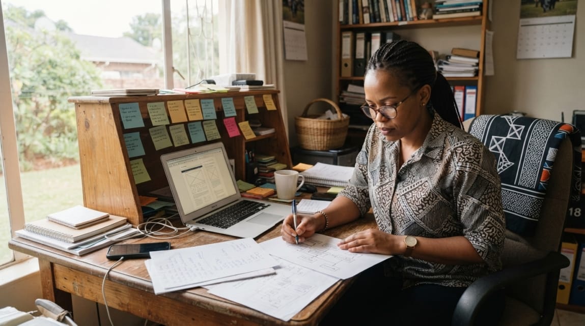 Botswana business owner at a desk reviewing website strategy documents with a laptop and sticky notes.
