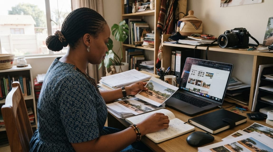 Entrepreneur at a desk preparing website content and assets with documents, a notebook, and a computer.