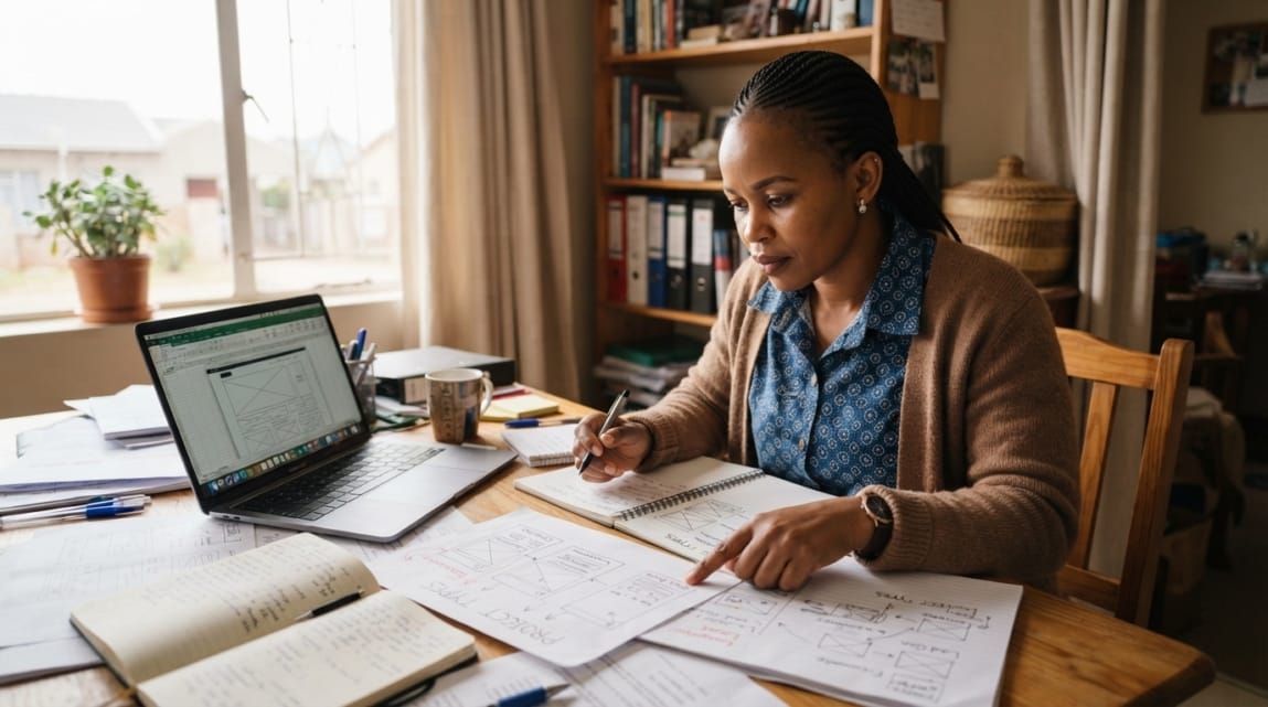 Business owner in Botswana comparing project types with documents on a table.