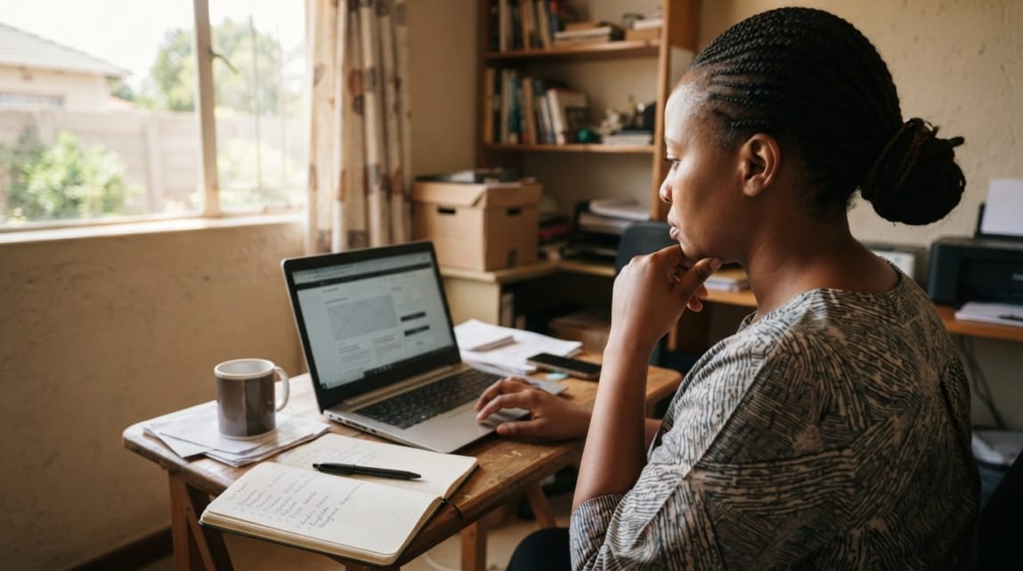 Business owner evaluating website builder options on laptop at a desk.