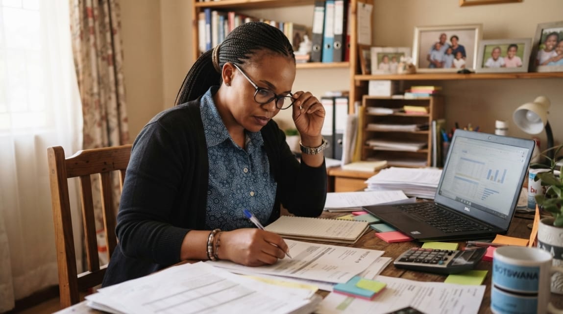 Botwana business owner managing website maintenance tasks at a desk with papers and laptop.