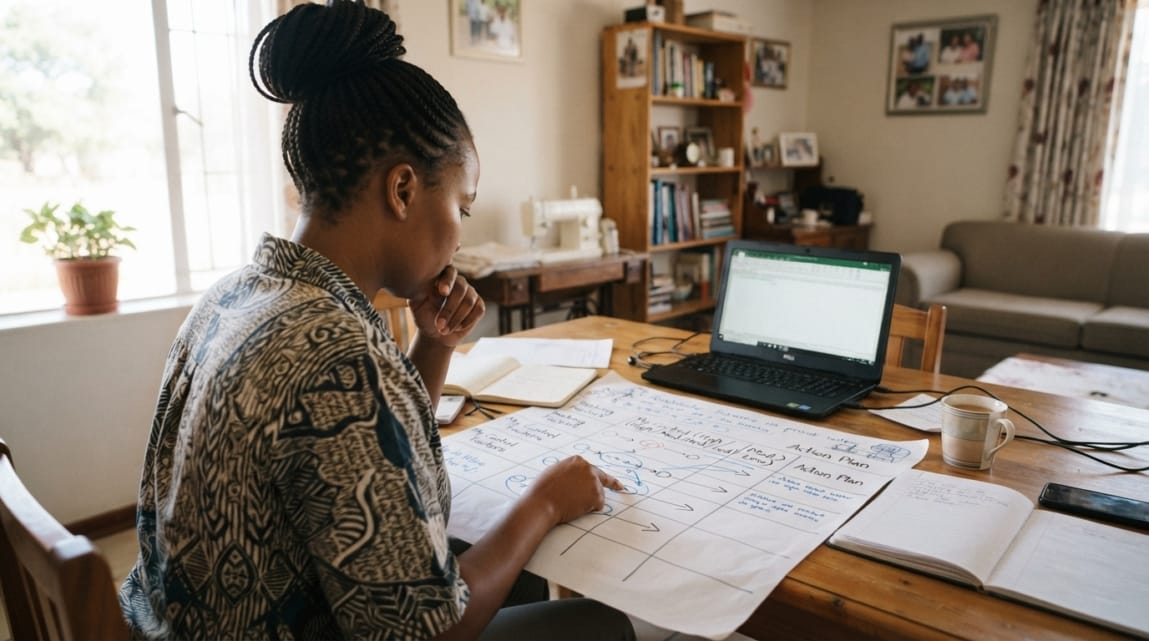 Botswana business owner examining a control matrix for local ranking factors in a workspace.