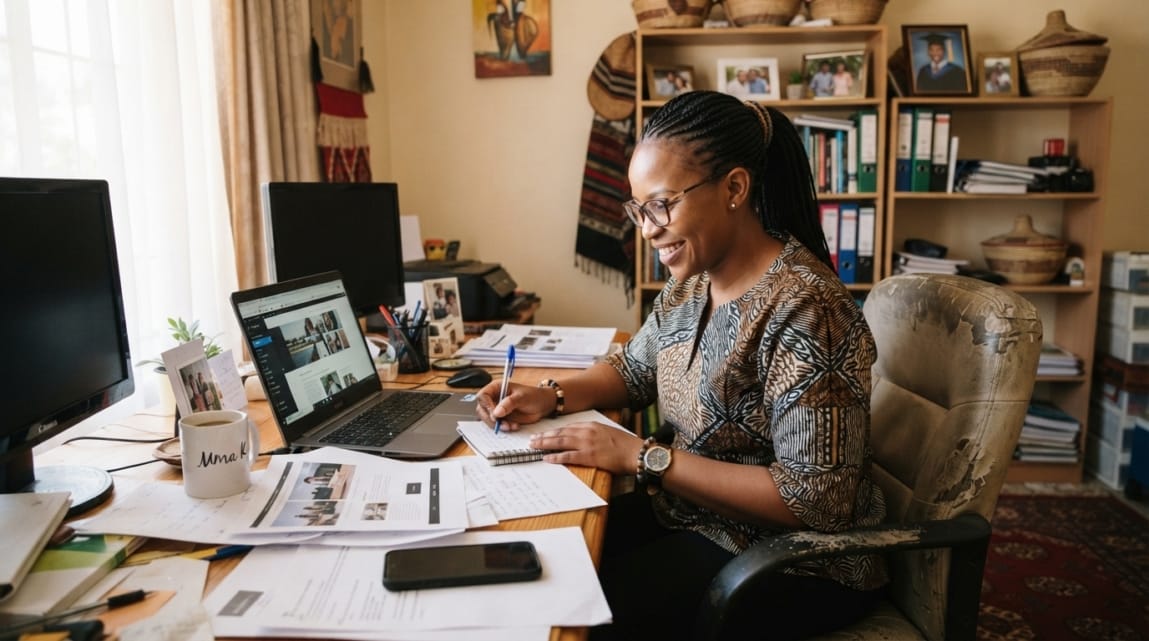 Botswana business owner organizing website content at a desk with printed materials and a laptop.