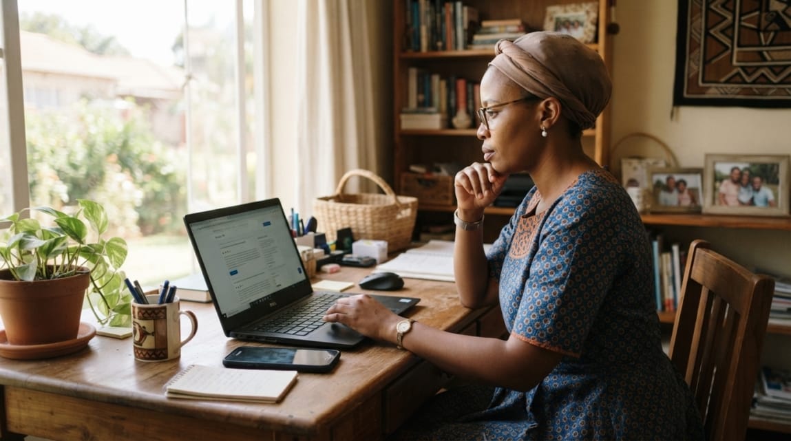 Botswana business owner responding to customer reviews on a laptop in an office setting.