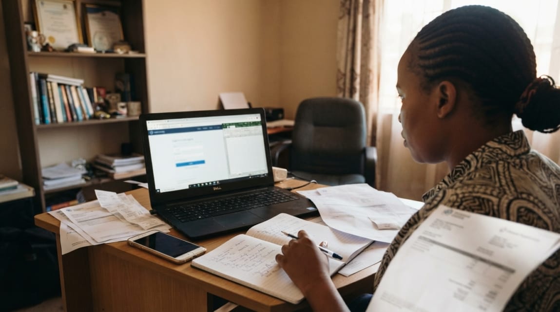 Business owner in Botswana verifying website ownership details at a desk.