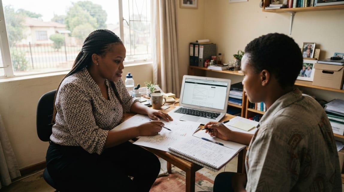 A business owner with a colleague comparing printed website proposal documents and laptop.