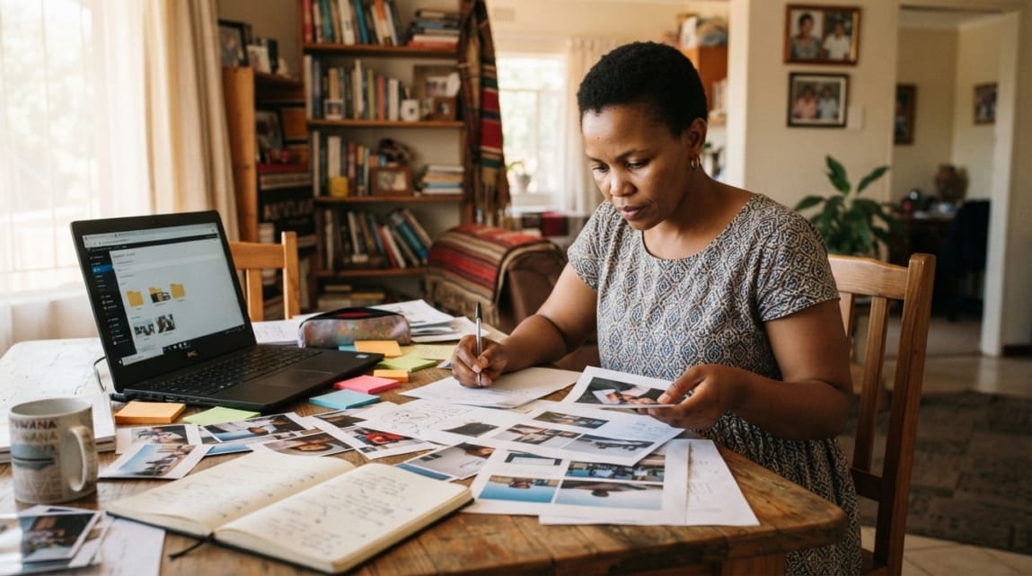 A business owner organizing brand assets and notes at a desk for website planning.