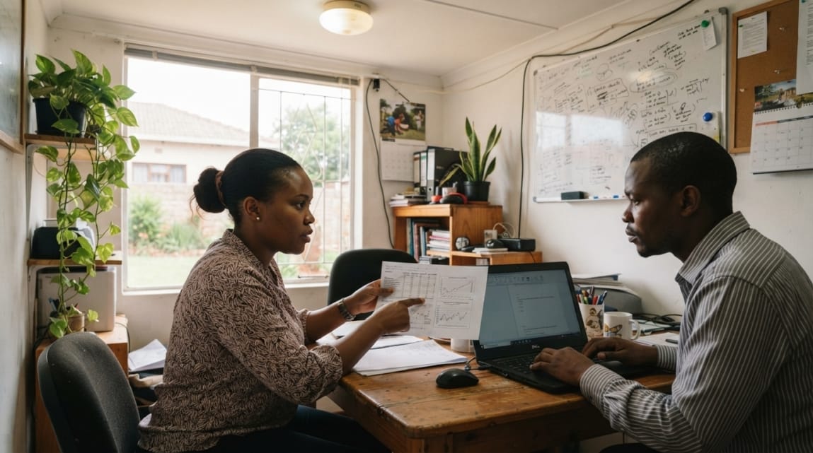 Two Botswana colleagues comparing options on a web development project, indicating decision-making in a small meeting room.