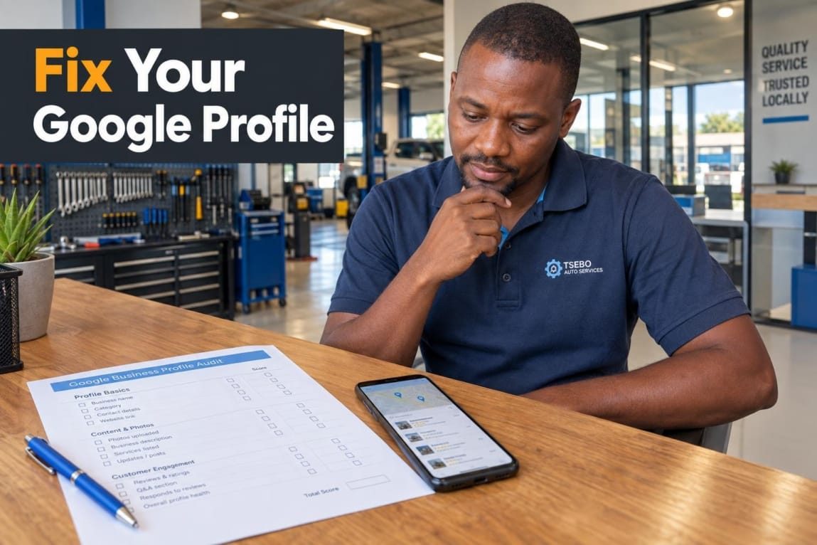 A Botswana business owner reviewing a local business profile audit sheet on a workshop counter