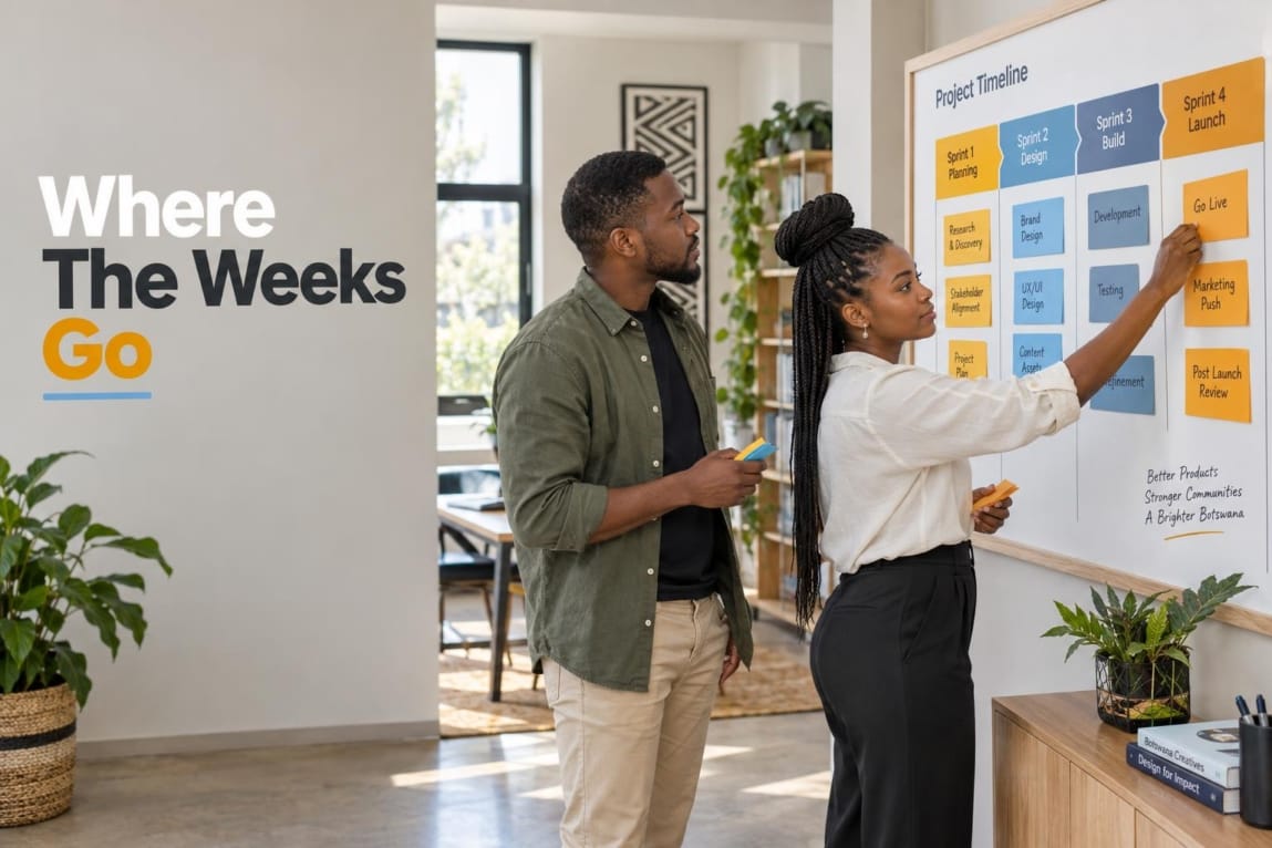 Two business professionals planning project milestones on a wall-mounted project timeline board in a modern office.