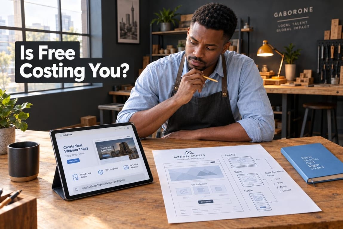 A Botswana small business owner comparing a website builder template on a tablet against custom website layout sketches on a studio workbench.