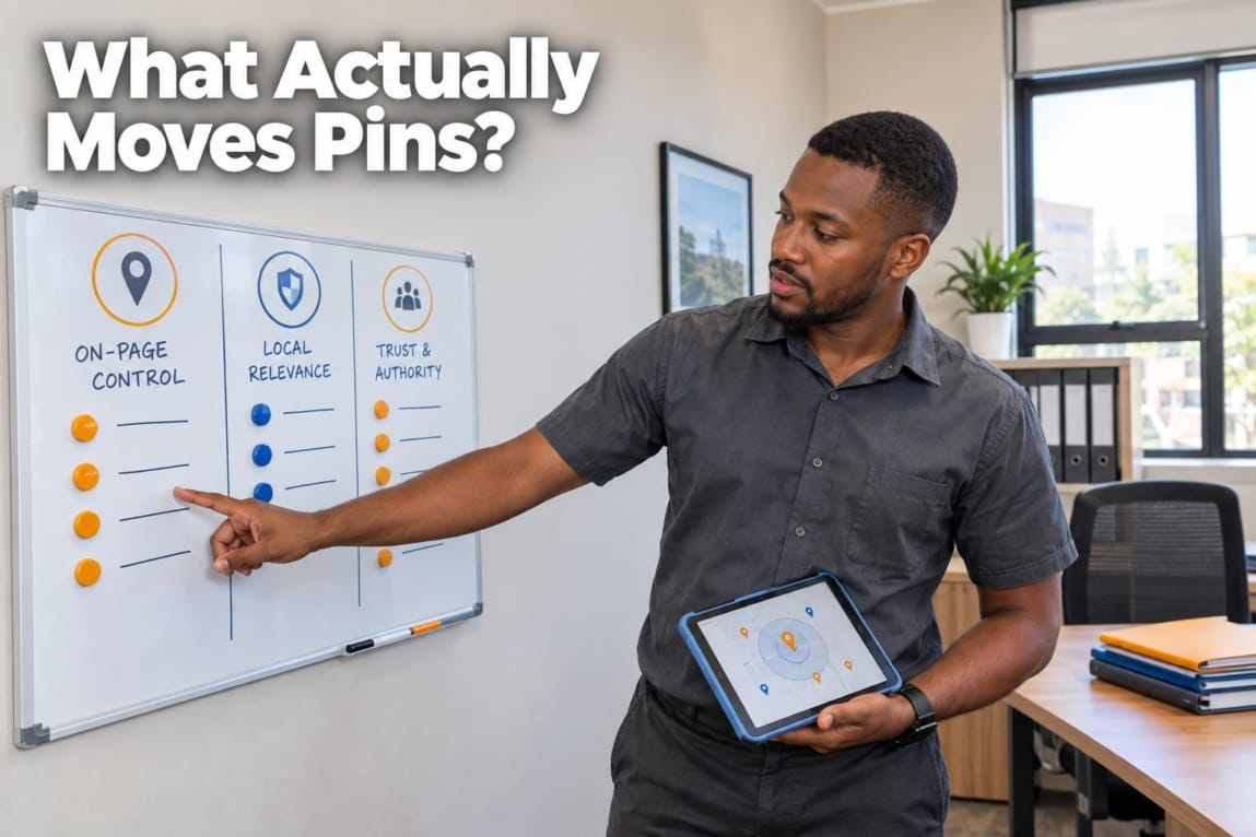 A Botswana business owner analyzing local search factors and map radius planning on an office board.