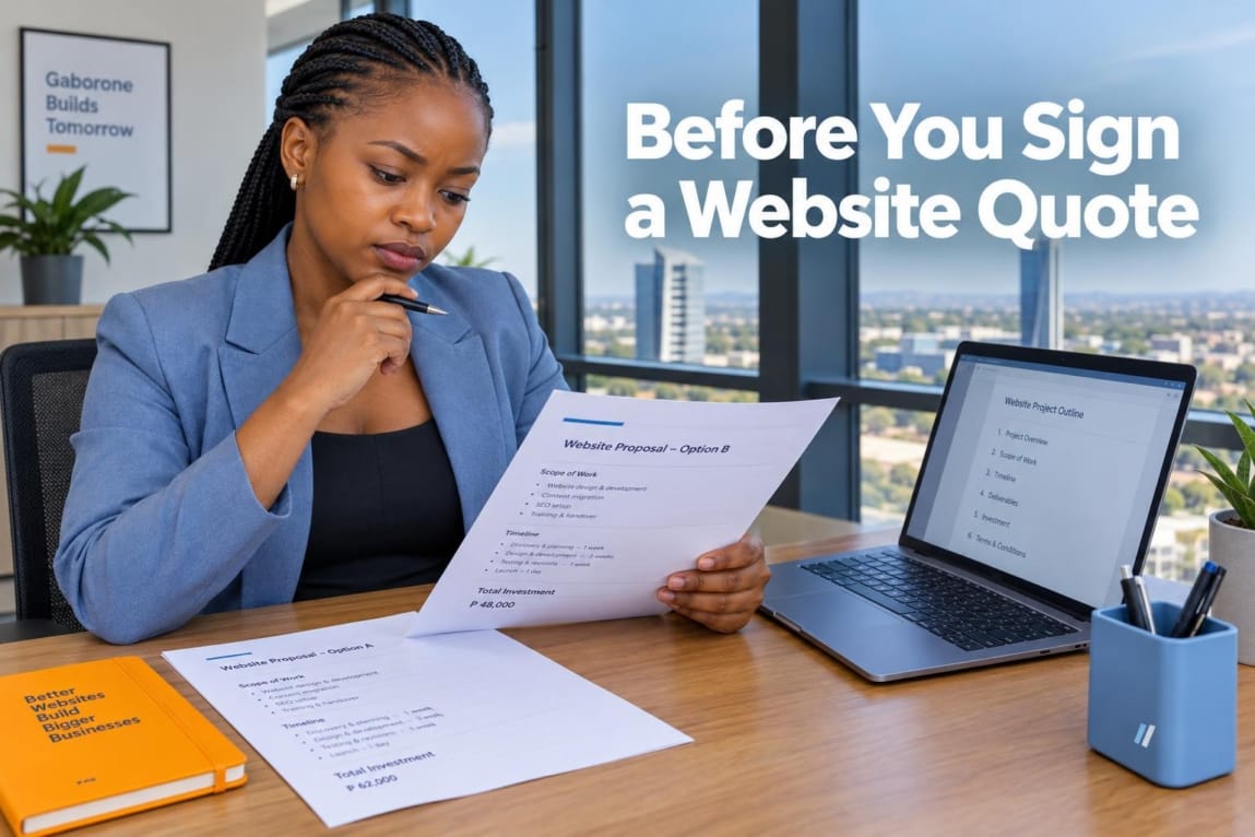 A businesswoman in an office reviewing a document and laptop while comparing proposals