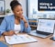 A businesswoman in an office reviewing a website project roadmap and wireframes on a laptop screen