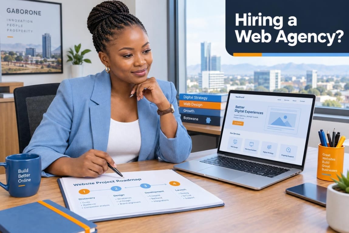 A businesswoman in an office reviewing a website project roadmap and wireframes on a laptop screen