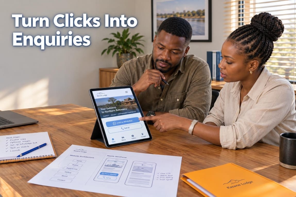Two business professionals reviewing a responsive website wireframe and tablet in a commercial office setting.