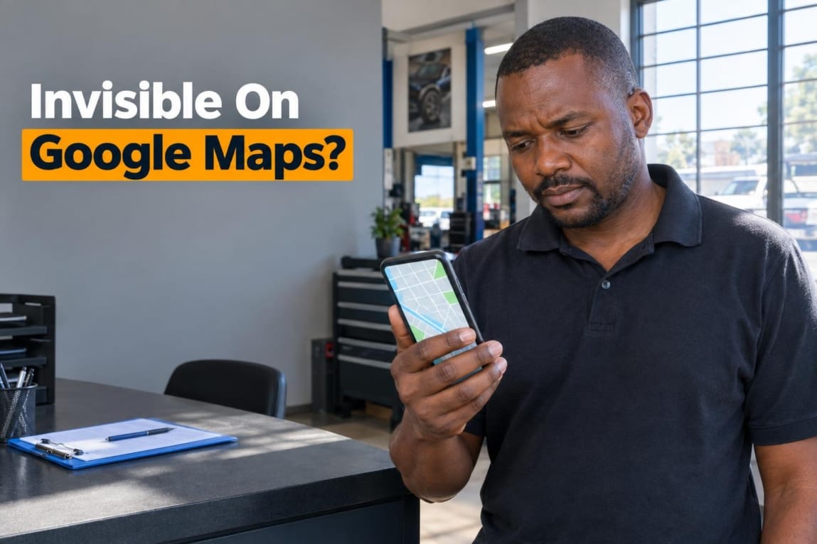 A Botswana business owner looking at a smartphone map application inside a workshop reception office.