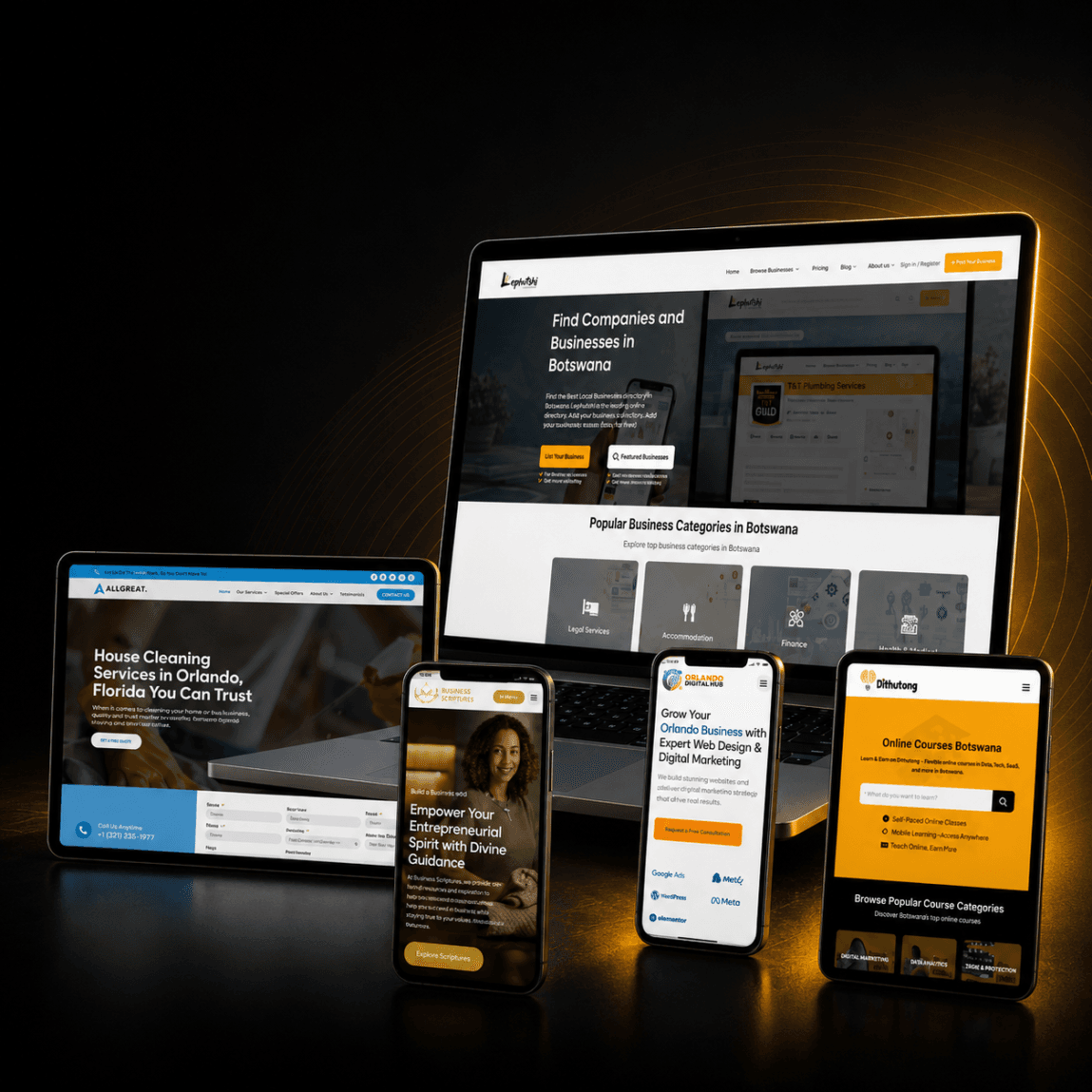 Lephutshi Developers web design and digital marketing portfolio showing business websites for Botswana and international clients