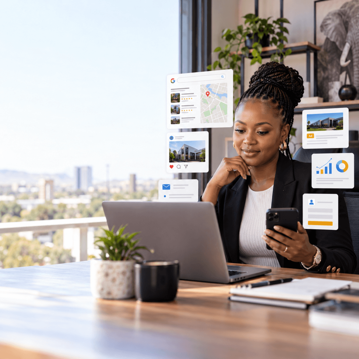 Botswana business owner reviewing digital marketing channels and customer enquiries