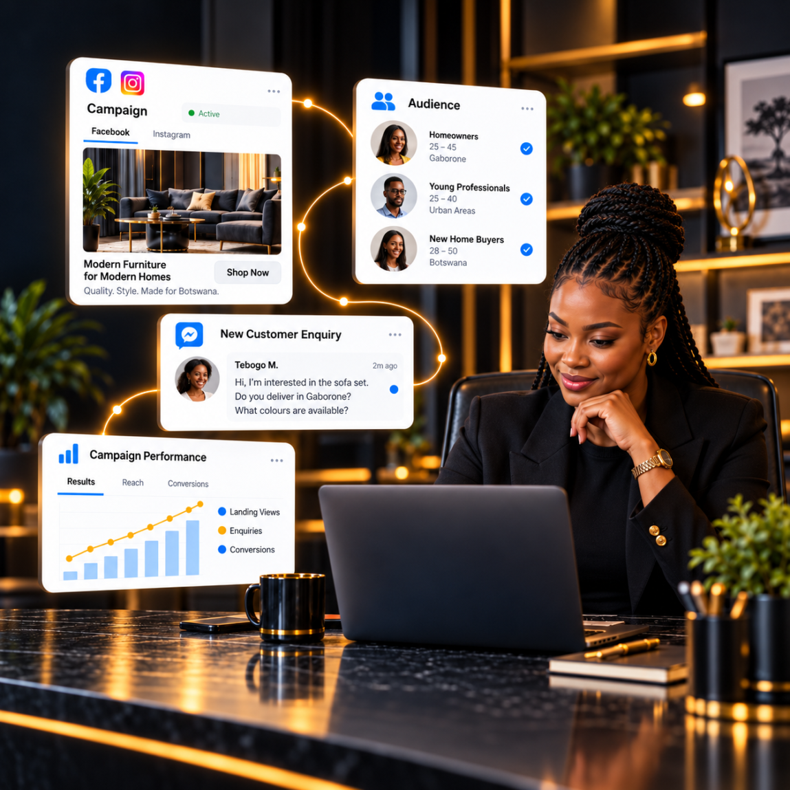 Botswana business owner reviewing Facebook and Instagram advertising campaigns with audience targeting and customer enquiry dashboards