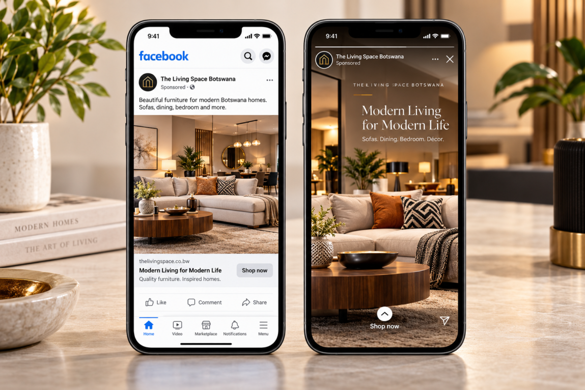Illustrative Facebook Feed and Instagram Stories advertising layouts displaying Botswana business promotions