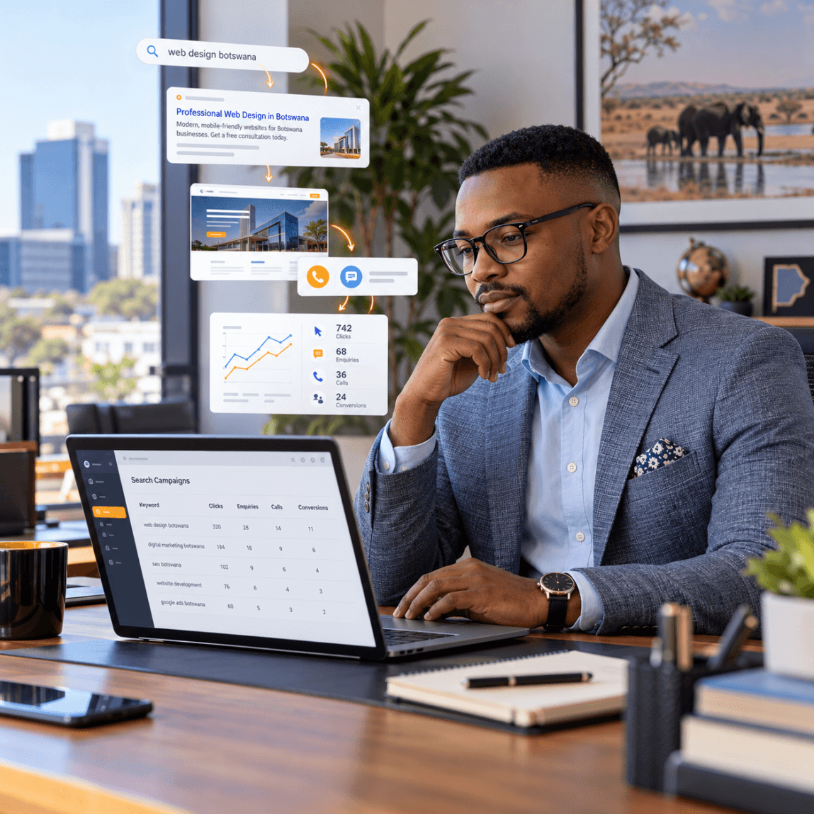 Botswana business owner using Google Ads management to reach customers searching online