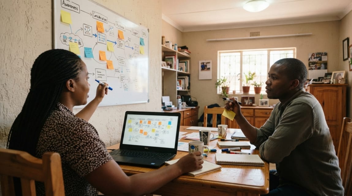 Two Botswana colleagues discuss a customer journey map using a laptop and whiteboard.