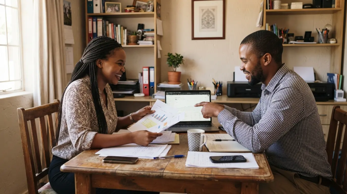 An entrepreneur and an SEO consultant having a focused discussion in a Botswana office.
