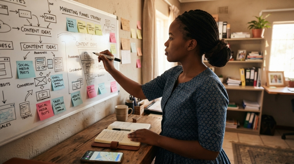 Young Motswana businesswoman planning a marketing strategy on a whiteboard with flowcharts and post-its.