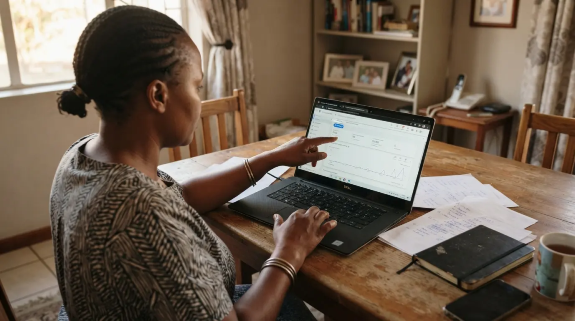 Botswana business owner adjusting online advertising campaign settings on a laptop with papers and smartphone nearby.