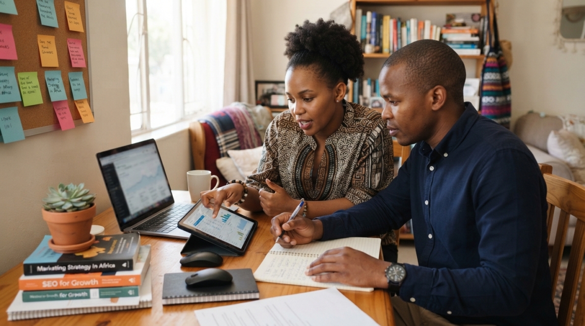 Two Botswana business professionals discussing Local SEO strategies using a tablet and laptop in a small office space.