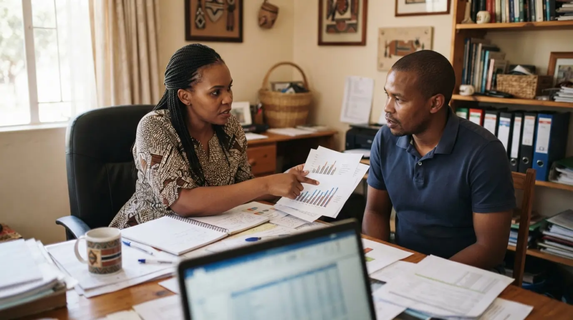 Botswana entrepreneur discussing performance metrics with a colleague in front of a laptop showing reports and charts.
